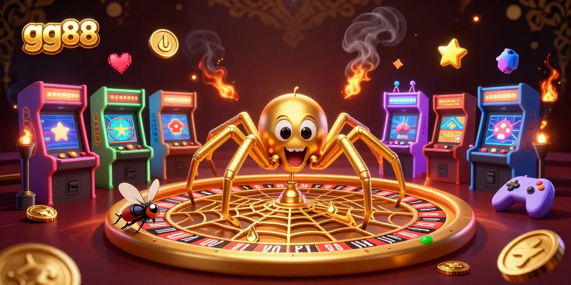 Place bets nervously as gg88’s golden spider spins a roulette wheel web in this lively casino illustration.