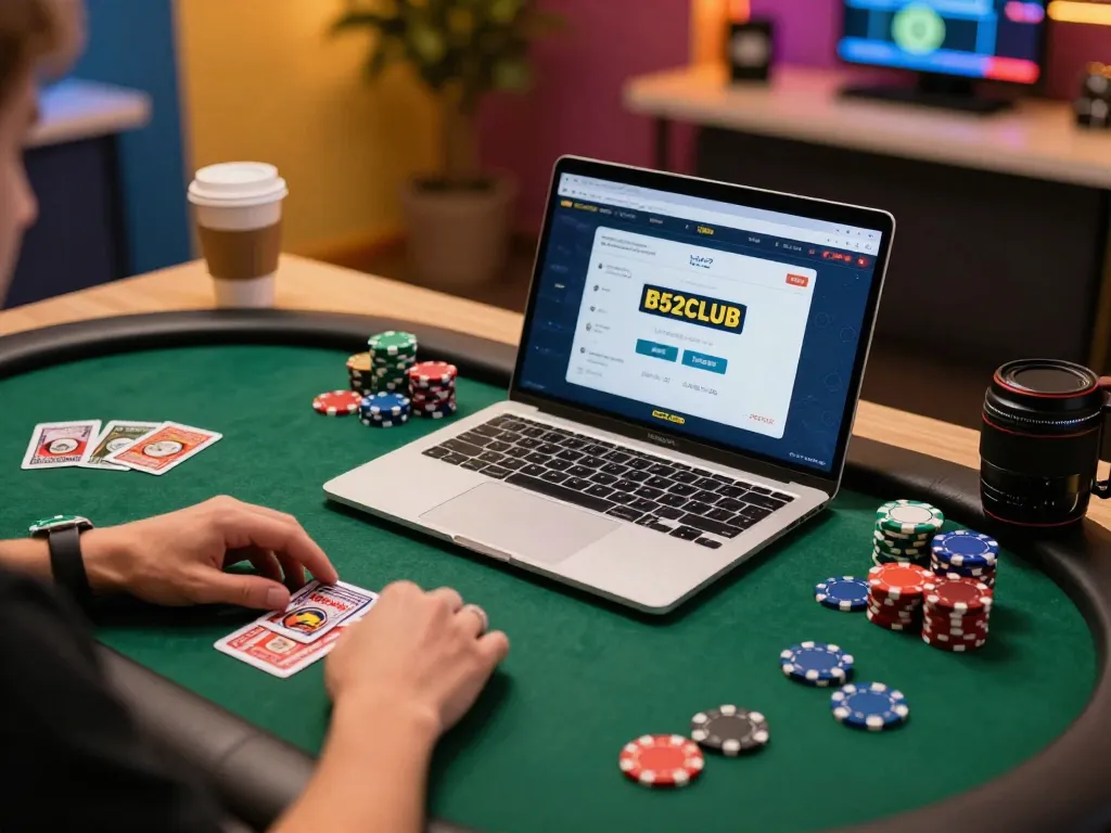 Join the excitement of B52CLUB as players enjoy poker on a sleek laptop with stacks of chips and vibrant gameplay.