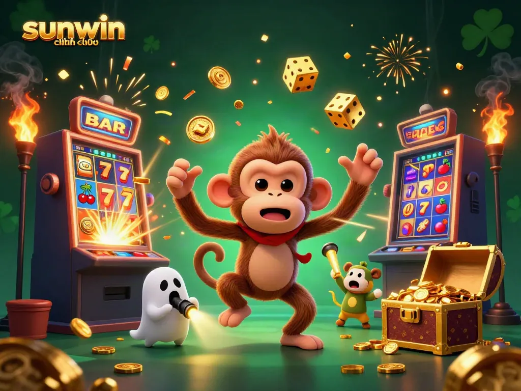 Experience the excitement at sunwin chính thức with a vibrant casino scene filled with animated characters and gaming elements.