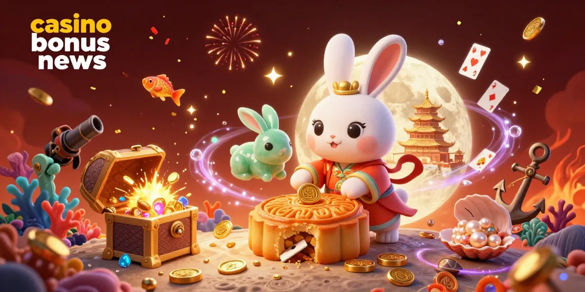 This casino bonus news illustration highlights a moon rabbit revealing poker chips amid festive elements.