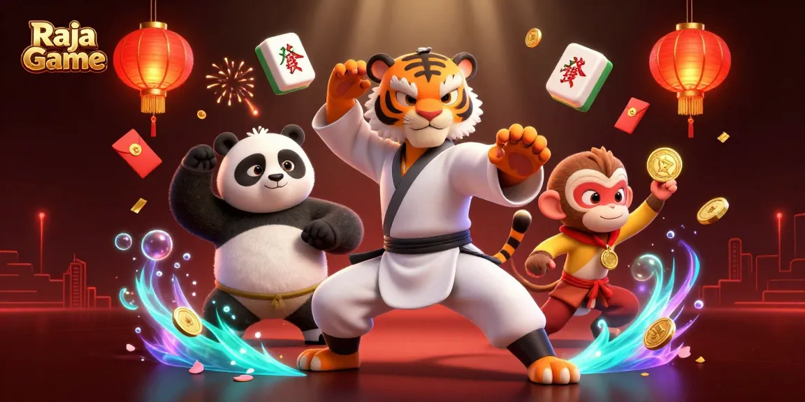 Engage with Raja Game’s thrilling experience featuring a kung fu tiger master student triumphing amid vibrant casino symbols.
