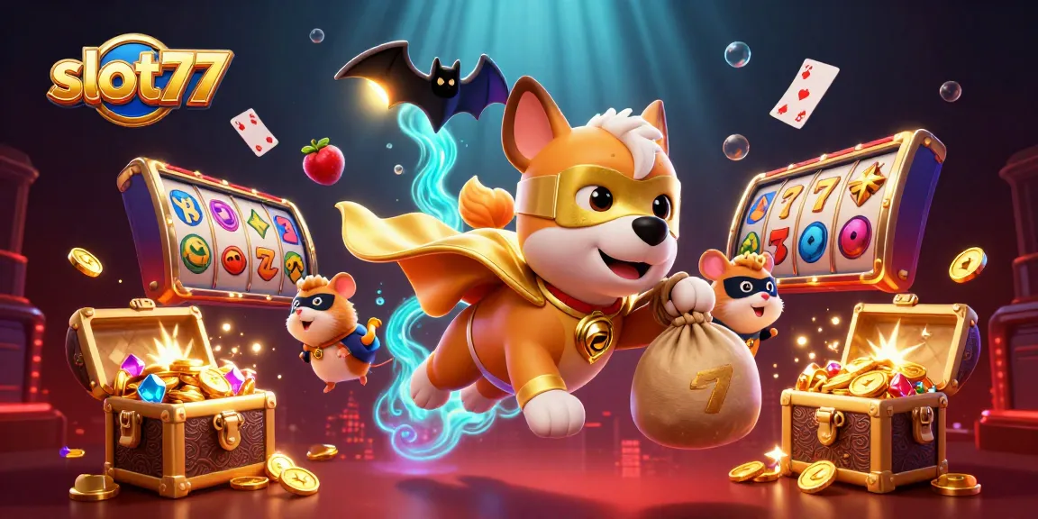 Spin slot77 reels with a superhero dog and hamster, amidst sparkling coins and vibrant gems!