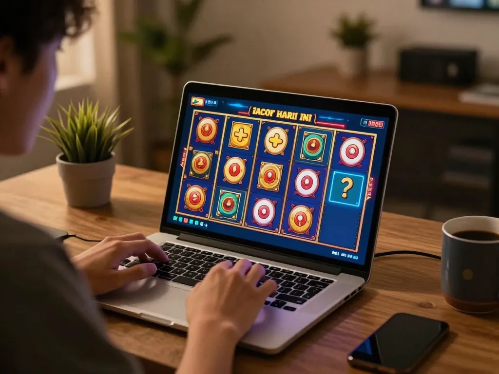 Engaging in slot gacor hari ini gameplay on a laptop, capturing thrilling online casino moments.