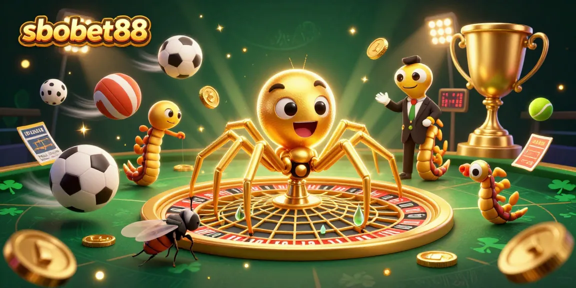 Betting strategies come alive at sbobet88 with a dynamic illustration featuring a golden spider and sports elements.