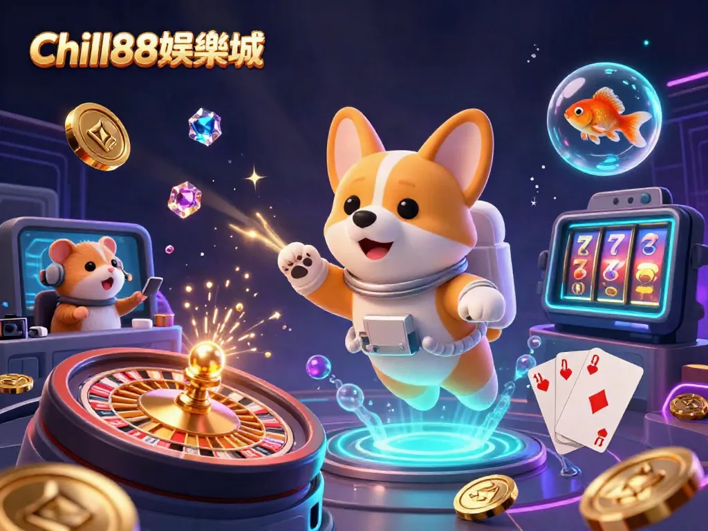 在Chill88娛樂城，獨特的3D插畫展示了一只宇航員柯基和任務控制的倉鼠，隨著金幣和撲克牌飄浮在空中，帶來刺激的賭博體驗。