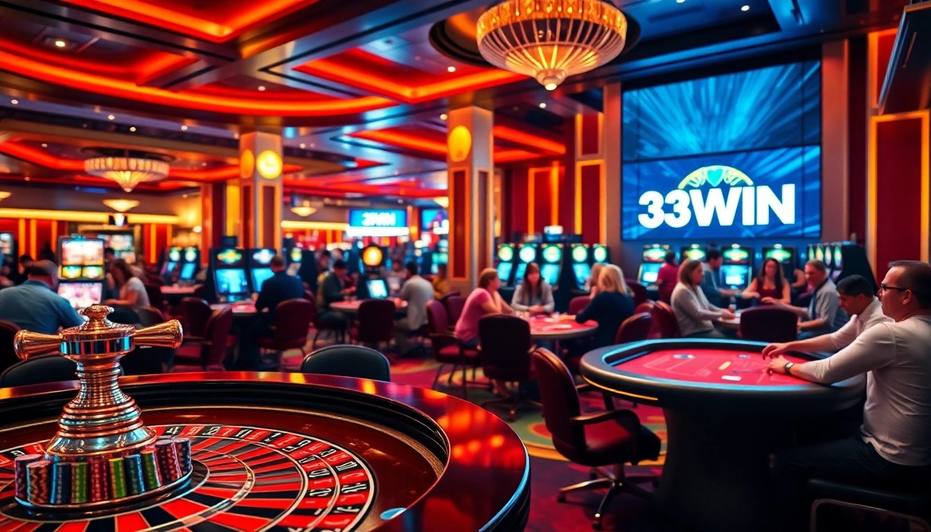 Experience the excitement of 33WIN with vibrant casino gaming, featuring roulette and poker tables.