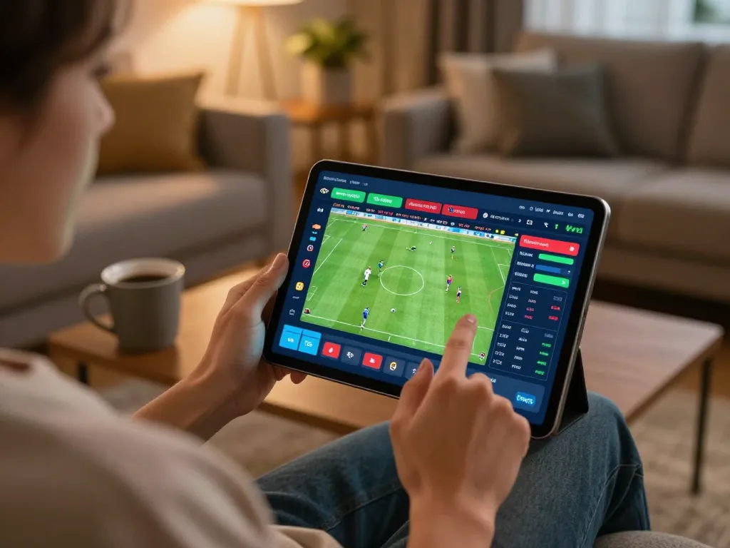 Betting on sports with sunwin app in a cozy home environment, emphasizing excitement and strategy.