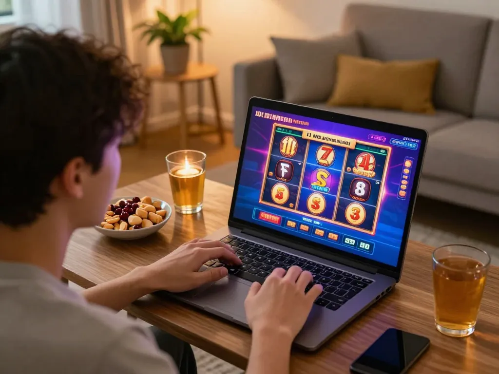 Engaging with IDCASH88 online casino on a laptop showcasing vibrant slot games