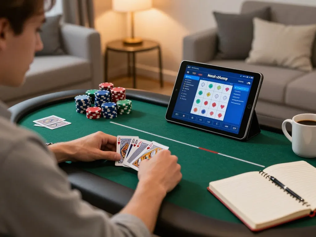 Player engaged in an online poker game on a tablet, showcasing incakoin strategies and a cozy home setting.