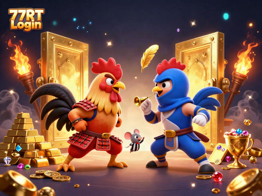 Engage with thrilling fights in 77RT Login, featuring samurai and ninja roosters.