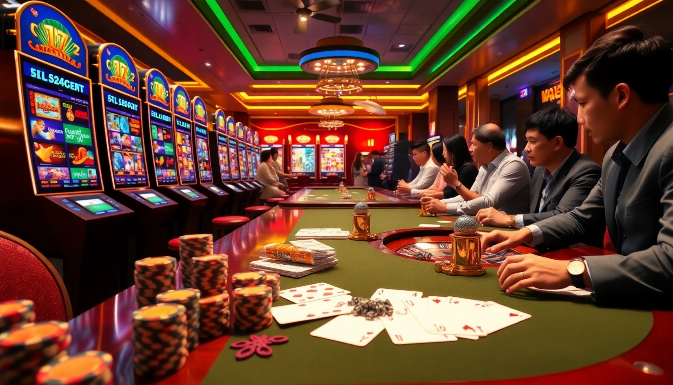 Pengalaman perjudian online yang mendebarkan di aman788 dengan mesin slot yang berwarna-warni dan pemain yang menikmati permainan mereka.