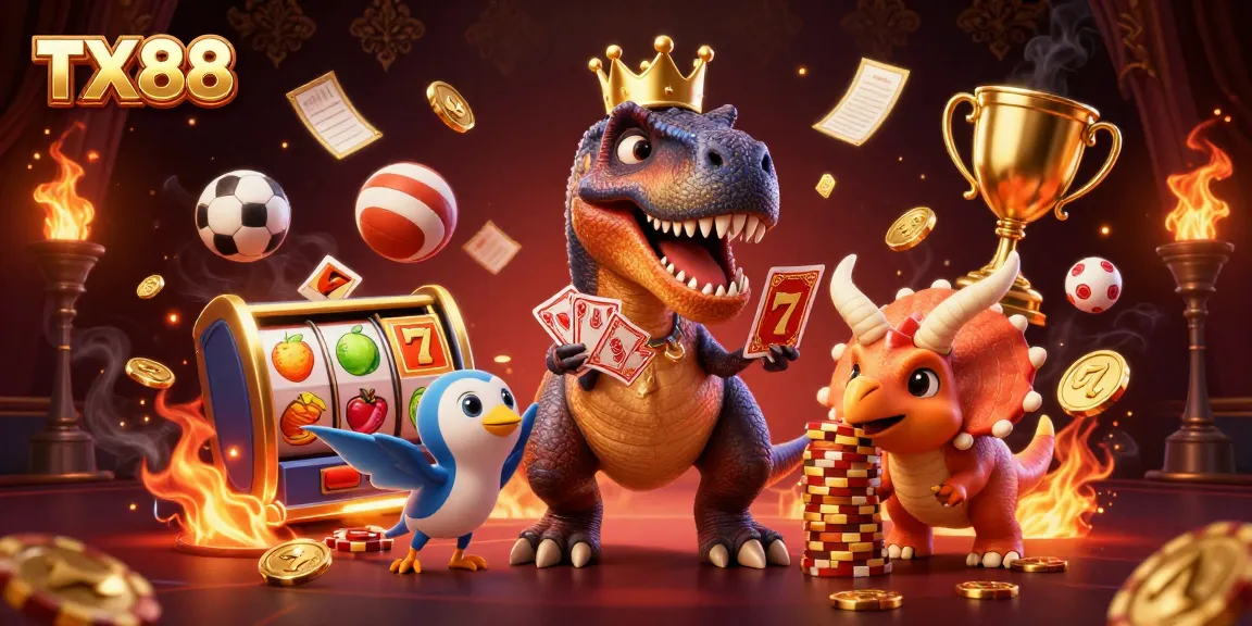 Experience thrilling action at TX88 casino with a friendly dinosaur duo surrounded by vibrant gambling elements.
