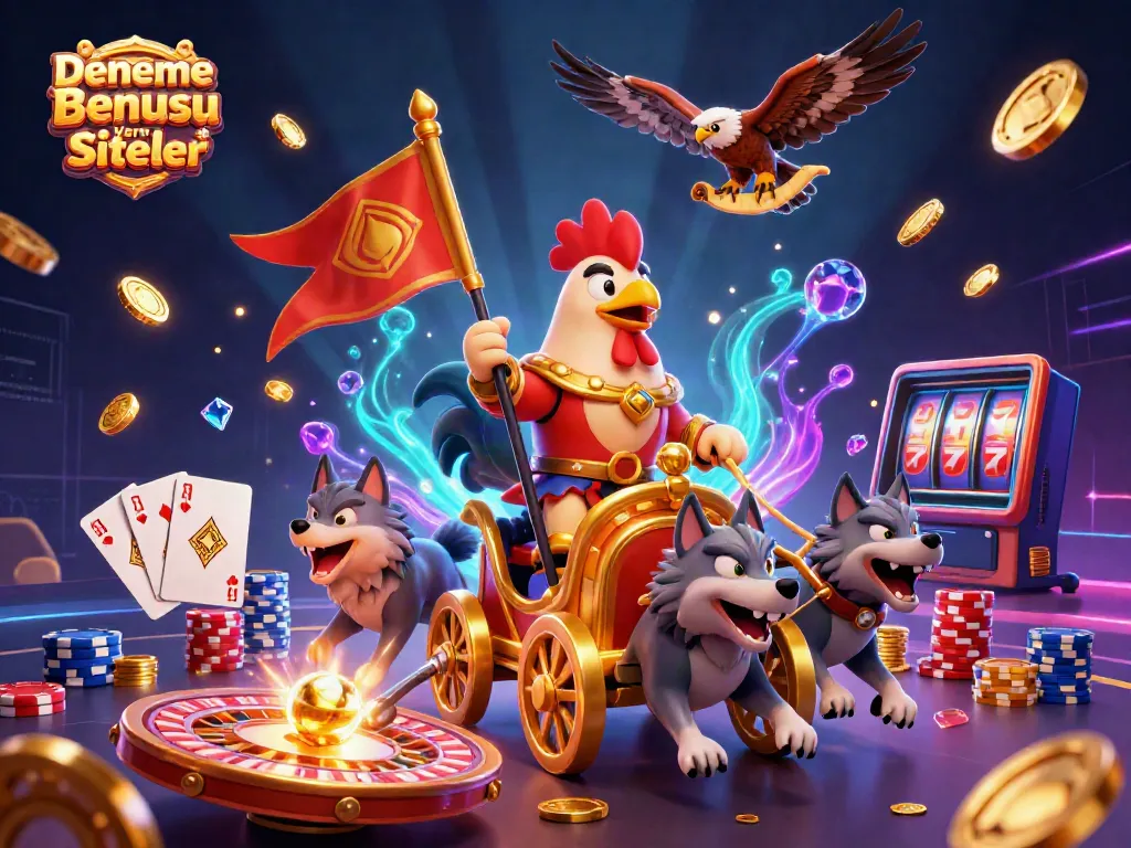 Experience Deneme Bonusu Veren Siteler in an epic 3D scene featuring a rooster warlord, roulette wheel, and vibrant casino elements.