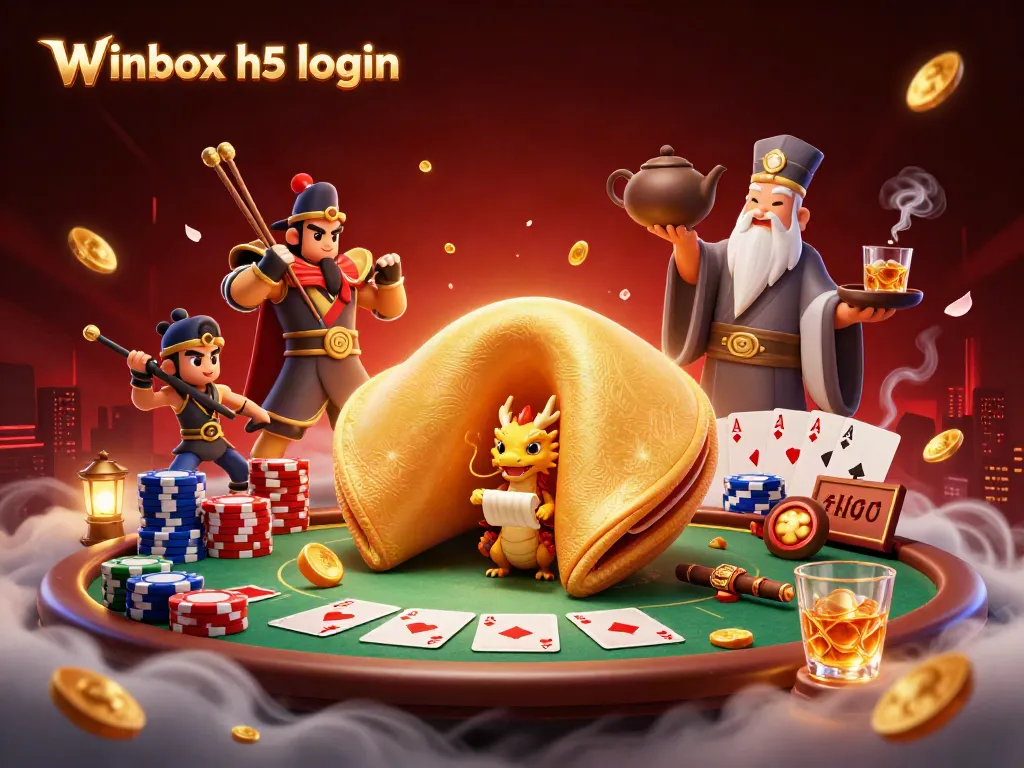 Engage with the Winbox h5 login scene featuring a golden fortune cookie and poker elements that enhance your gaming experience.