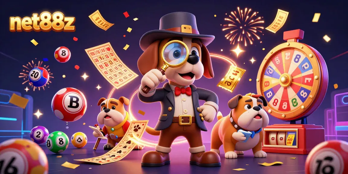 Experience the thrill of net88z with a cartoon detective uncovering poker secrets among vibrant lottery elements.