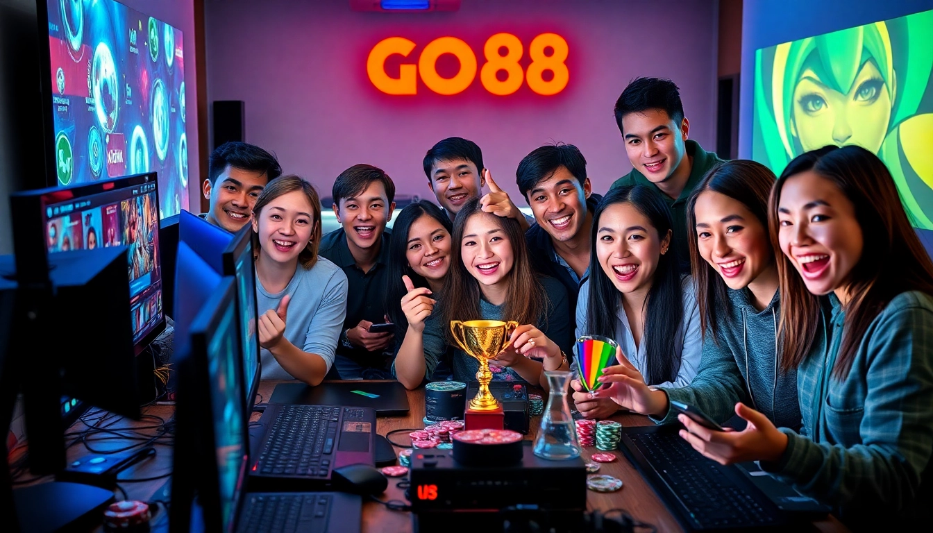 Excited gamers enjoying various games on the GO88 platform, showcasing a vibrant online gaming community.