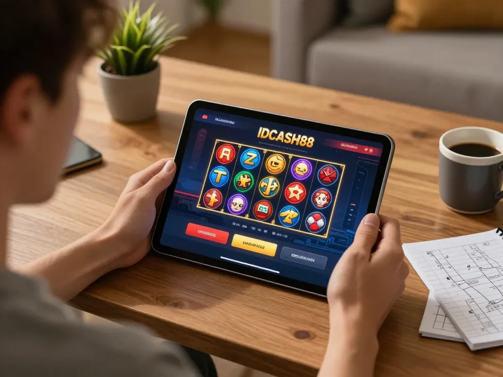 Experience thrilling online gaming with IDCASH88 showcasing interactive slots and poker in a cozy home setting.