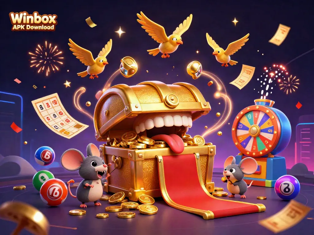 Winbox APK Download illustration showcasing an adventurous treasure chest amid a dynamic casino scene.