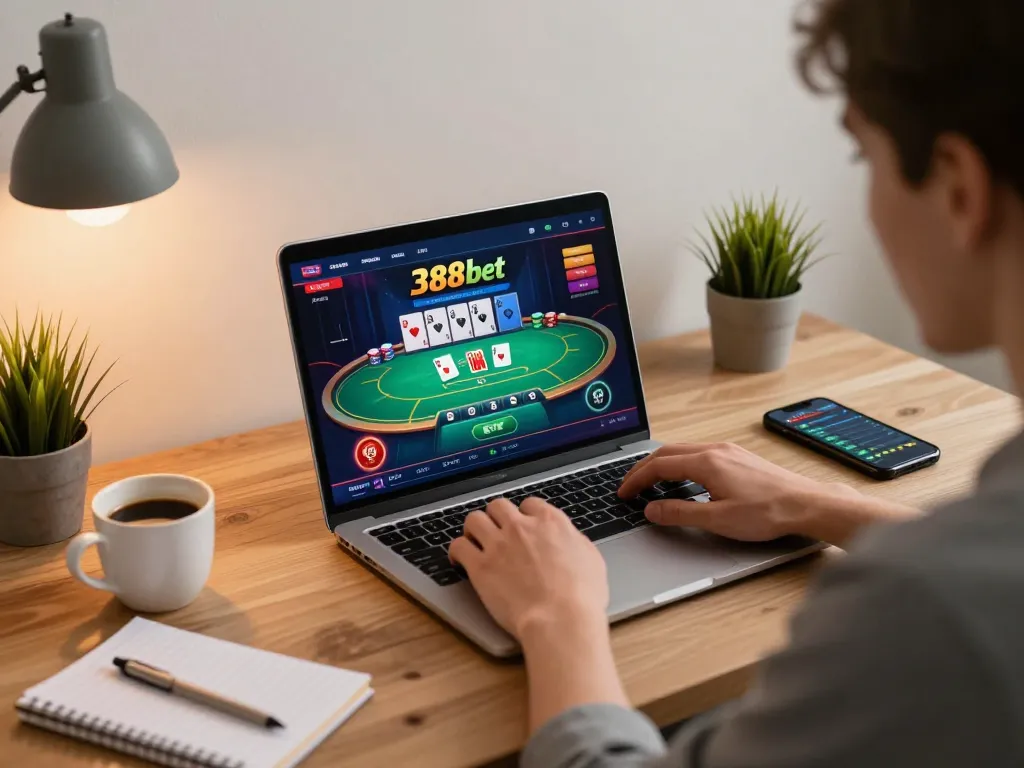 Playing an exciting poker game on 388bet with strategic notes and modern decor.