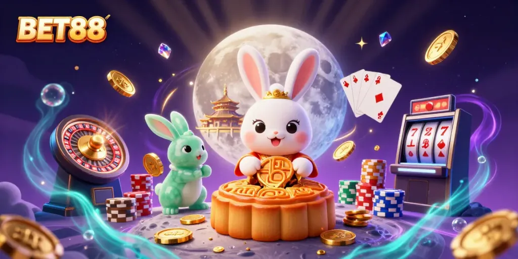 Experience thrilling gaming at BET88, featuring vibrant casino elements and engaging characters in a magical 3D illustration.