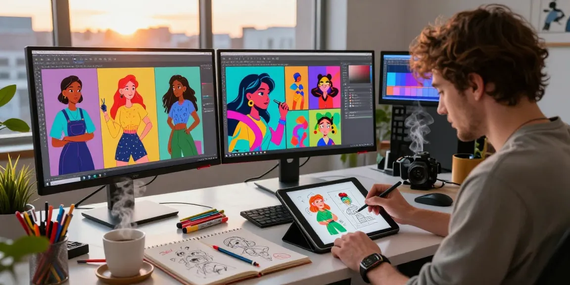 Creative NSFW AI character design in digital art studio with artist sketching.