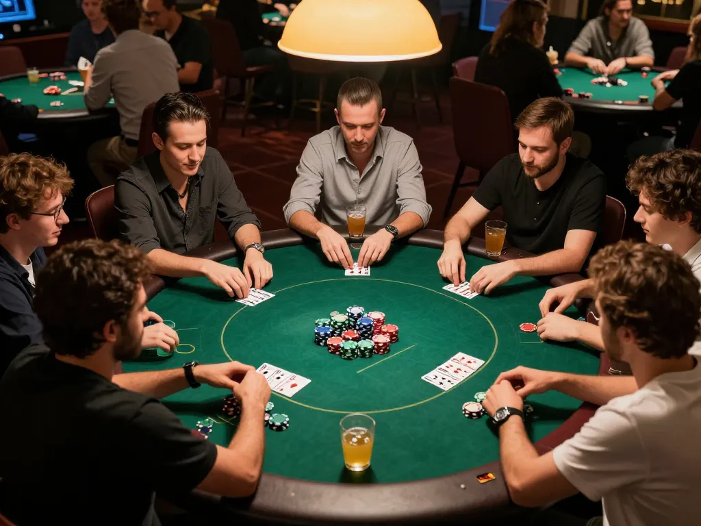 F8BET players engaging in an intense home poker game, showcasing colorful chips and focused strategy.