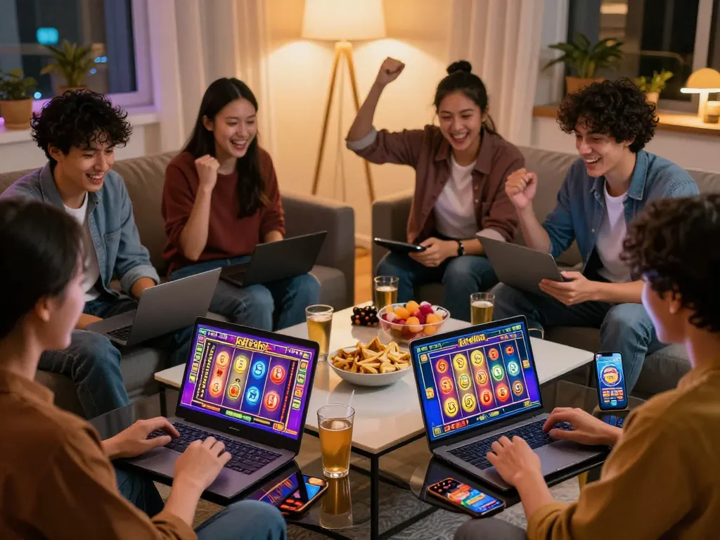 Friends celebrating a kdslot win during an online game night at home, showcasing excitement and casual fun.