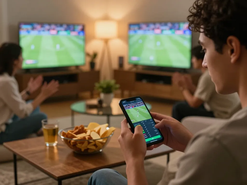 Engaging in sports betting xem bóng đá trực tuyến kèo nhà cái with smartphone while watching a live game.