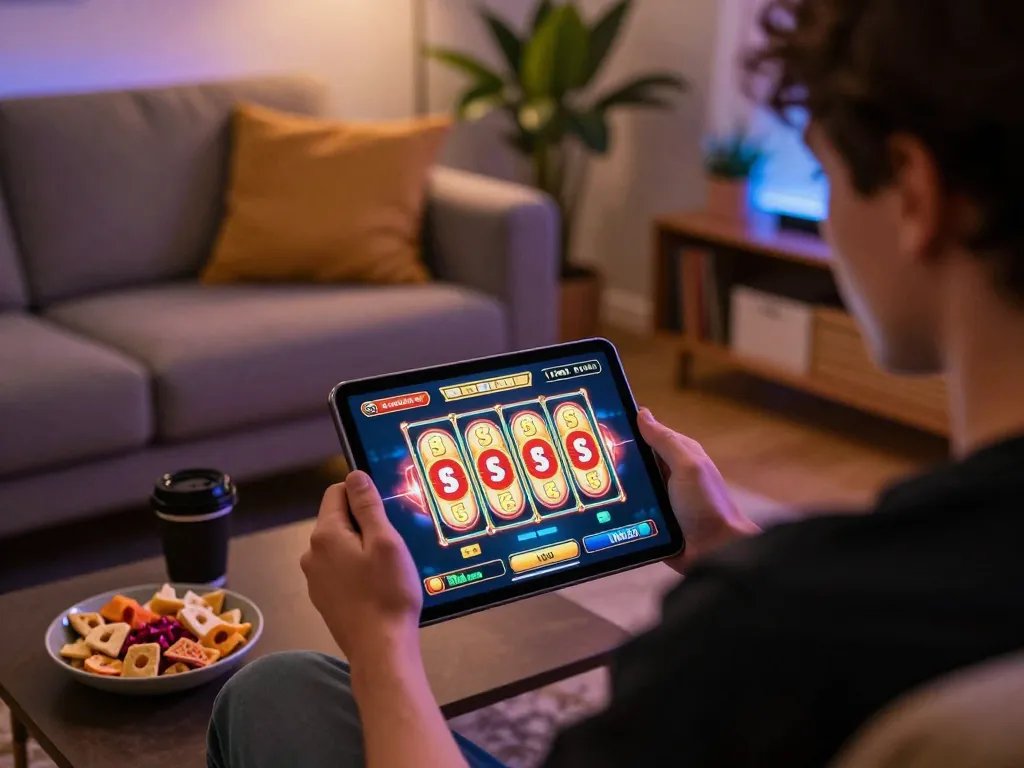 Pengguna Bintangmpo menikmati putaran slot online yang mendebarkan di tablet dalam suasana rumah yang nyaman