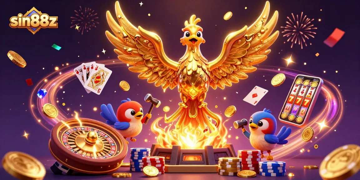 Join the excitement with sin88z as golden coins rain down in a vibrant casino scene.