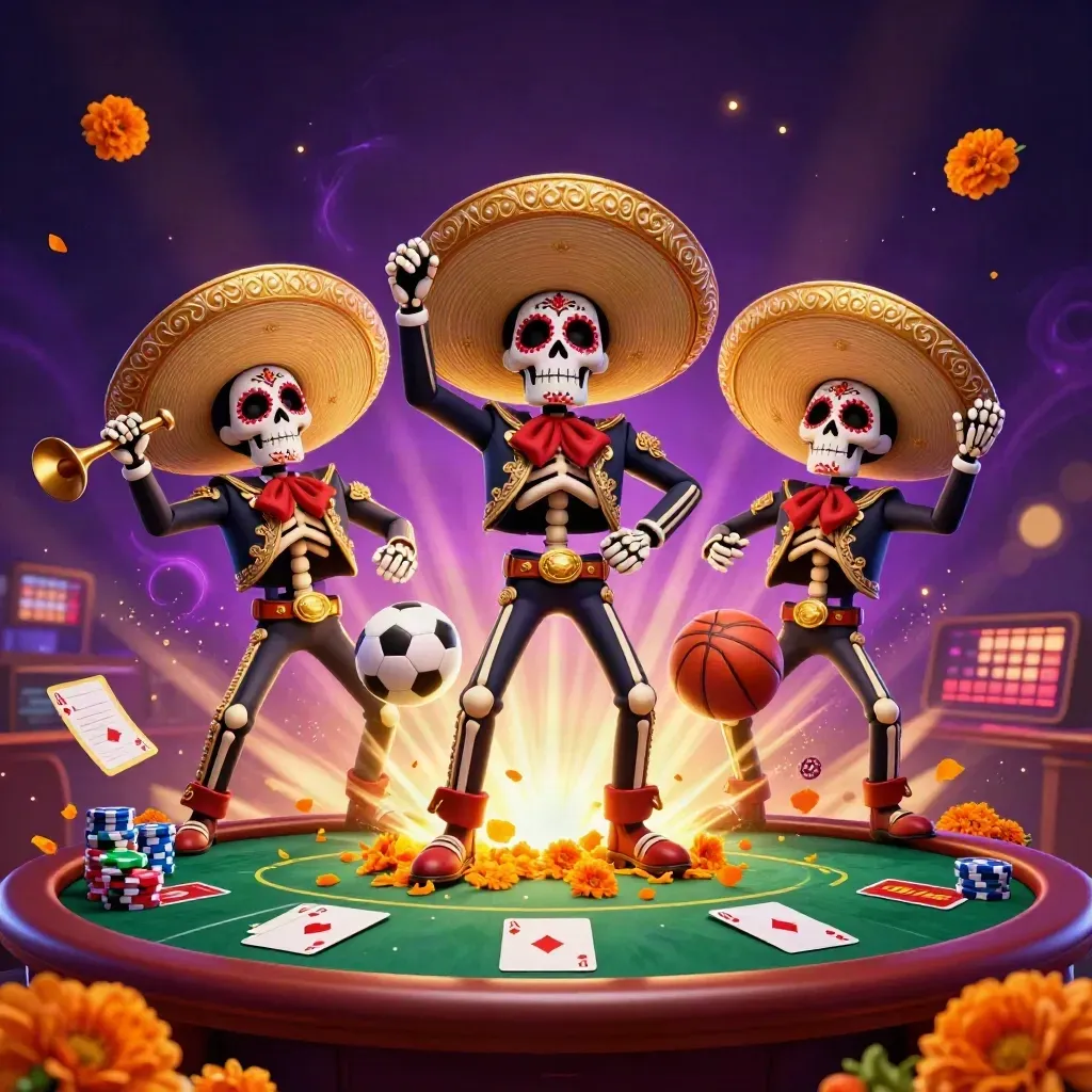 Skeleton mariachi trio with casino chips, poker cards, basketball and soccer ball in neon light