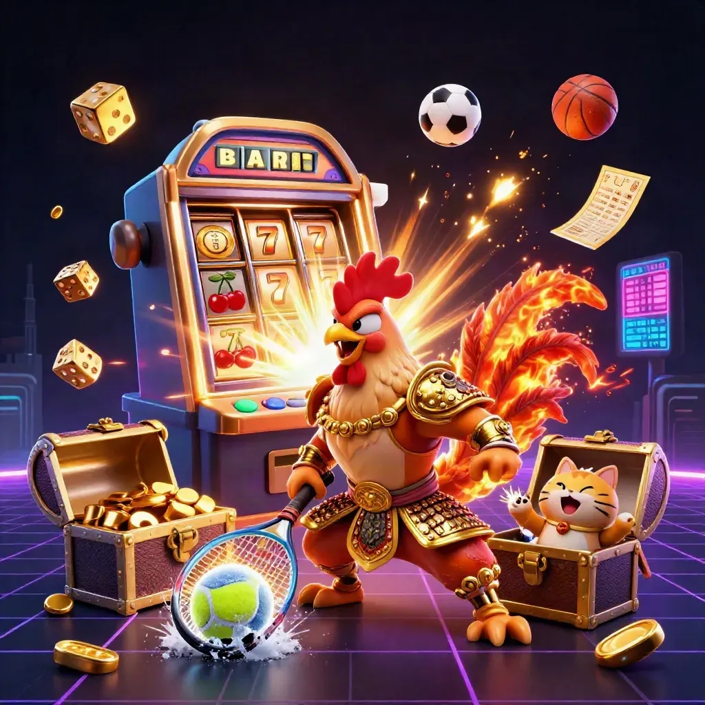 Rooster warrior, dragon hatchling, and fortune-cat amid slot bursts, dice, and racquet action.