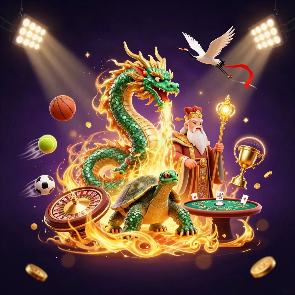 Emerald dragon, turtle sage, and cranes amid gold fire, casino props, and dark cosmic light