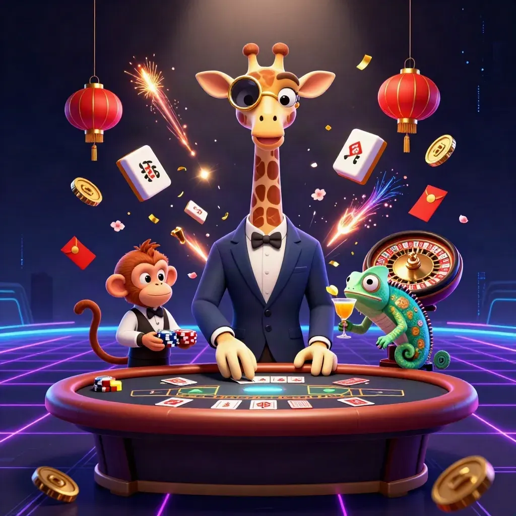 High-roller giraffe, monkey valet, and chameleon bartender amid neon casino treasures and effects.