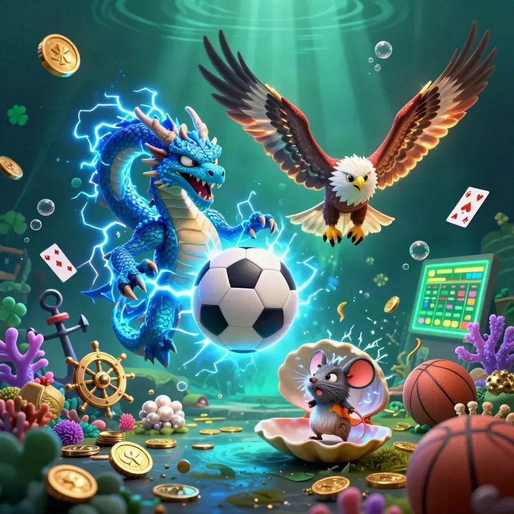 Thunder dragon, glowing hawk and static mouse around a soccer ball in a treasure cove.