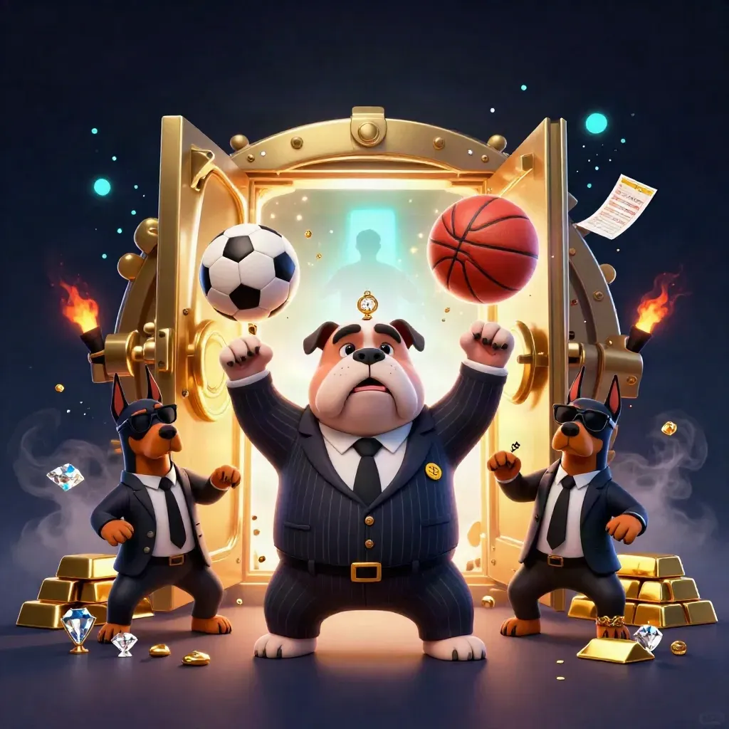 Bulldog boss and Dobermans burst from a vault amid gold, balls, and casino sparks.