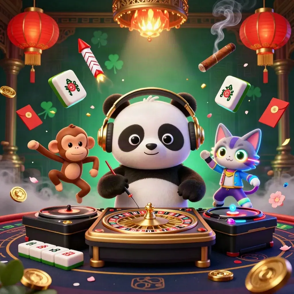 DJ panda, breakdancing monkey, and glow-stick kitten in a luxe casino scene with lanterns, coins, and fireworks.