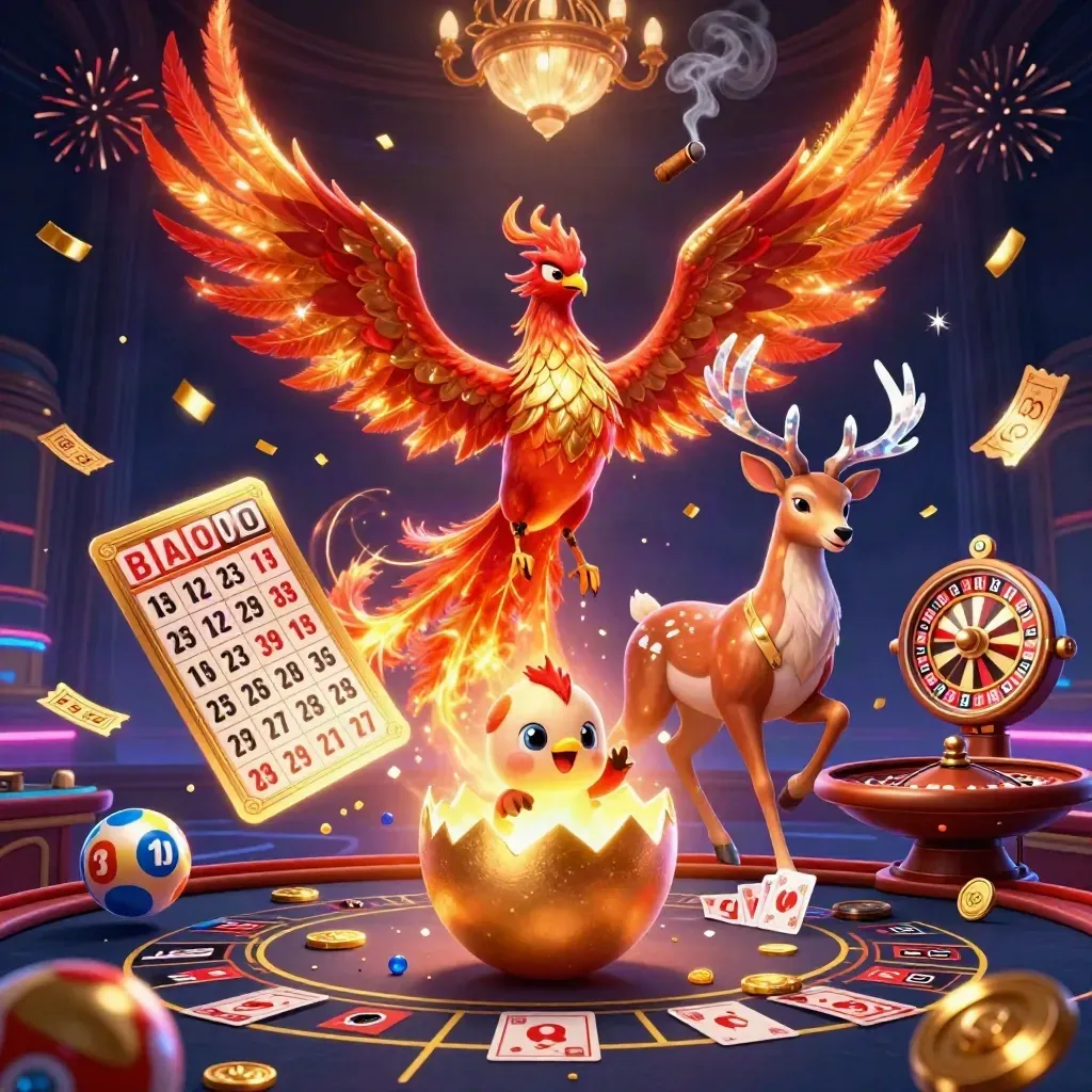 Phoenix, hatchling, and crystal stag amid neon casino game pieces and a spinning wheel.