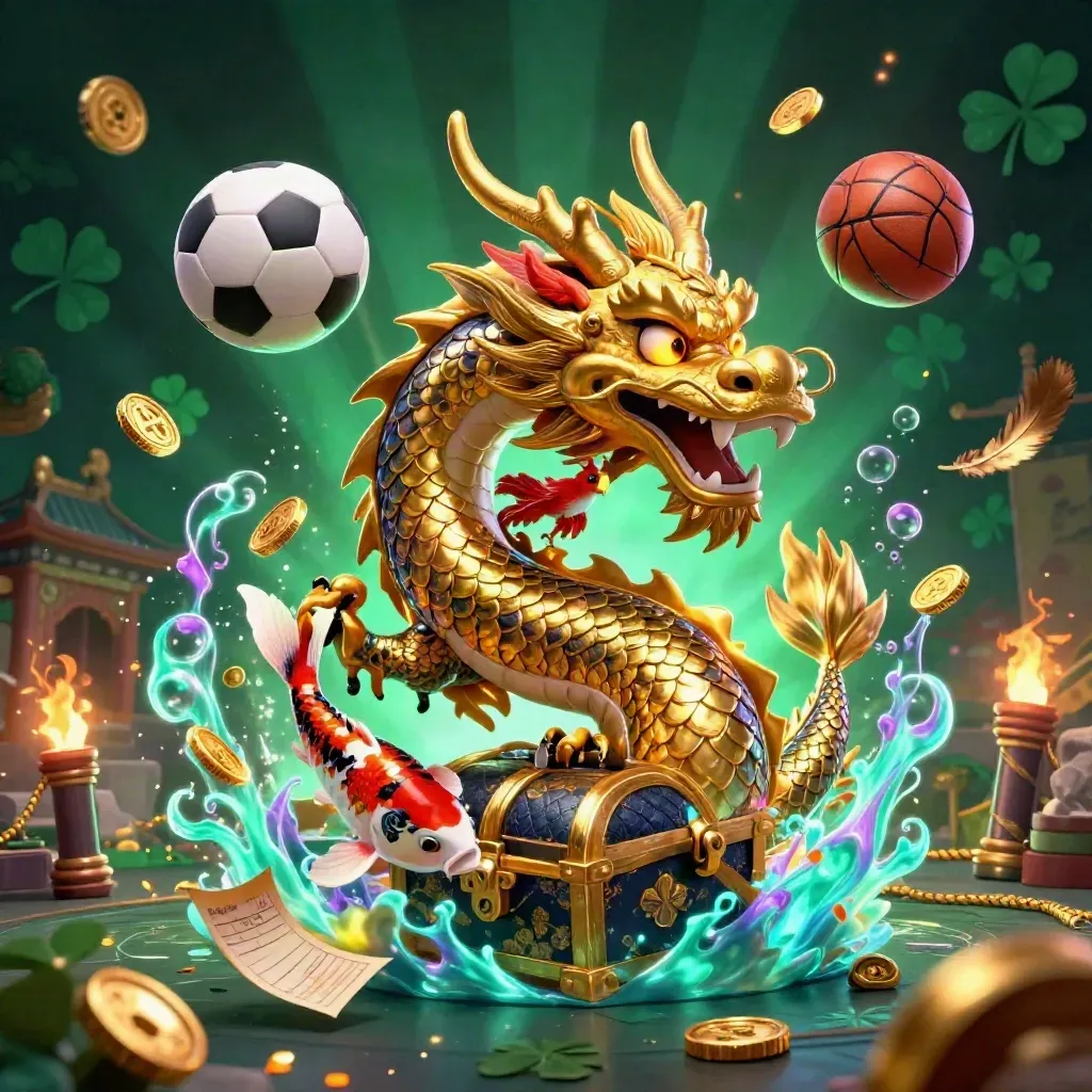 Golden dragon with phoenix and koi amid sports balls, coins, temple gate, and neon casino light
