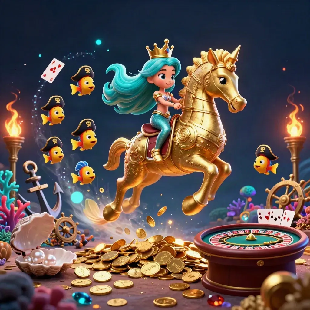 Mermaid princess on a gold-armored seahorse amid casino treasures, coral, cards, and glowing lights.