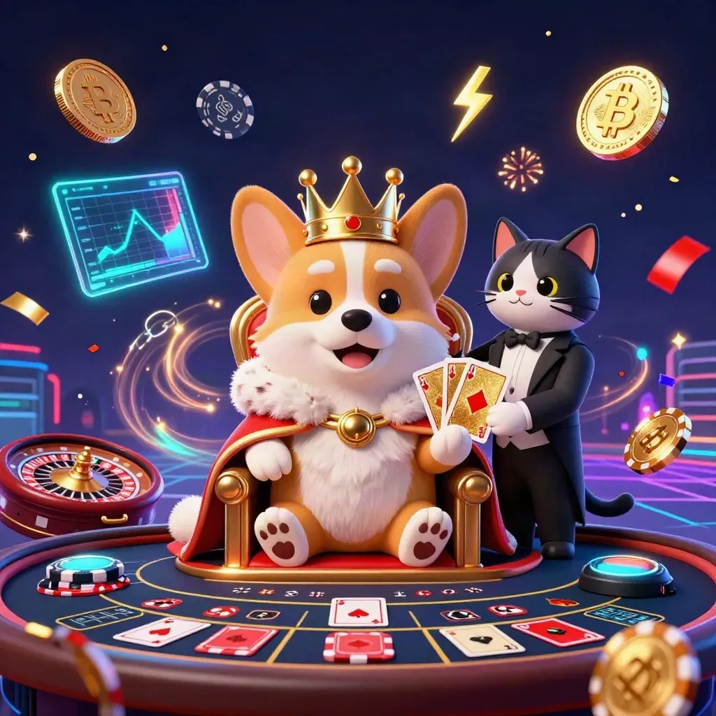 Royal corgi and cat butler amid neon casino effects, coins, roulette, cards, and glowing energy.