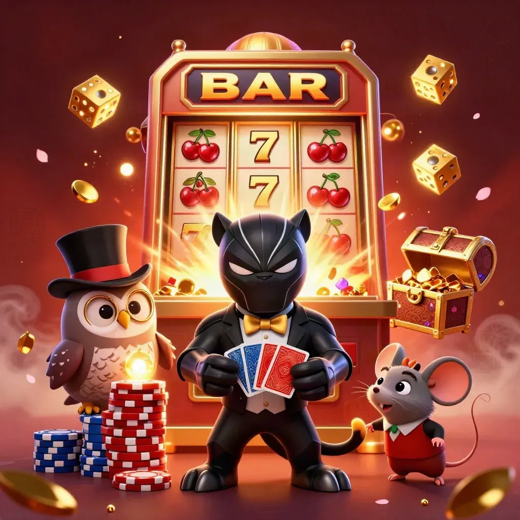 Black panther, owl, and mouse amid exploding slot machine, chips, gold, and runes