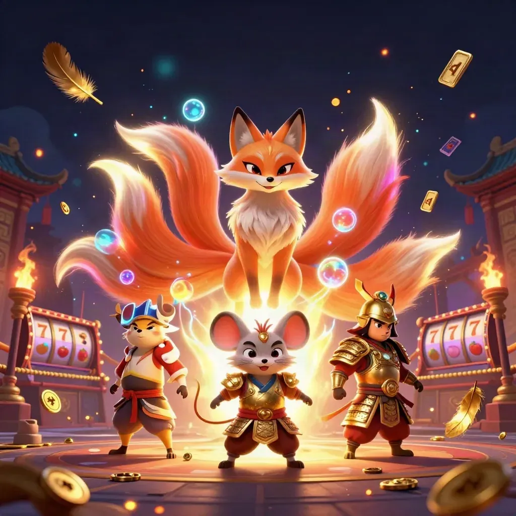 Fox spirit and samurai mouse amid neon casino treasure, temple gate, embers, and glowing orbs