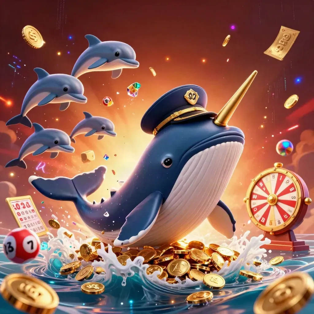 Captain whale, narwhal, and dolphins burst from coins amid casino lights and flying chips