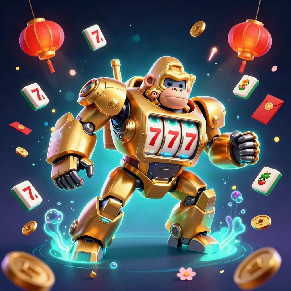 Golden gorilla mech with tiny monkey pilot amid lanterns, jade coins, confetti and cyan casino glow