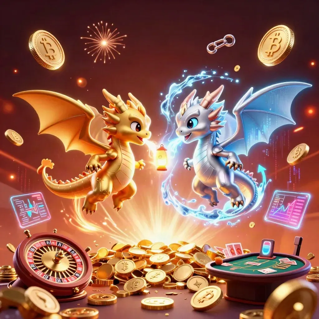 Gold and silver dragons swirl around casino coins, charts, and fiery neon effects.