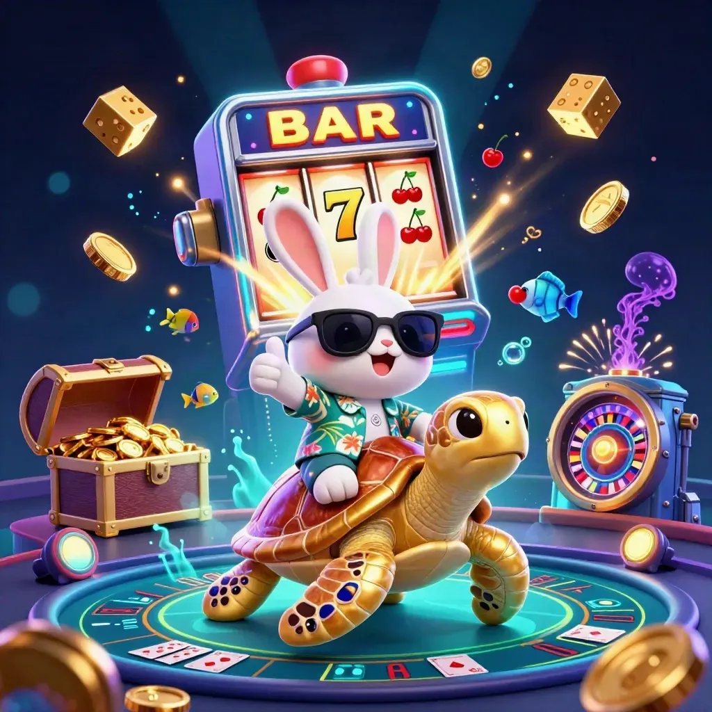 Rabbit rides a golden sea turtle as coins, slots, dice, and fireworks burst in neon casino glow.