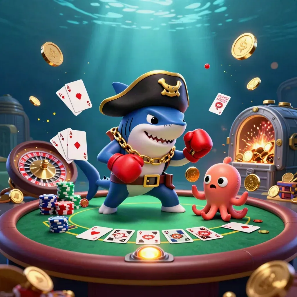 Shark pirate, red pufferfish, and baby octopus amid casino chips, coins, cards, and underwater lights.