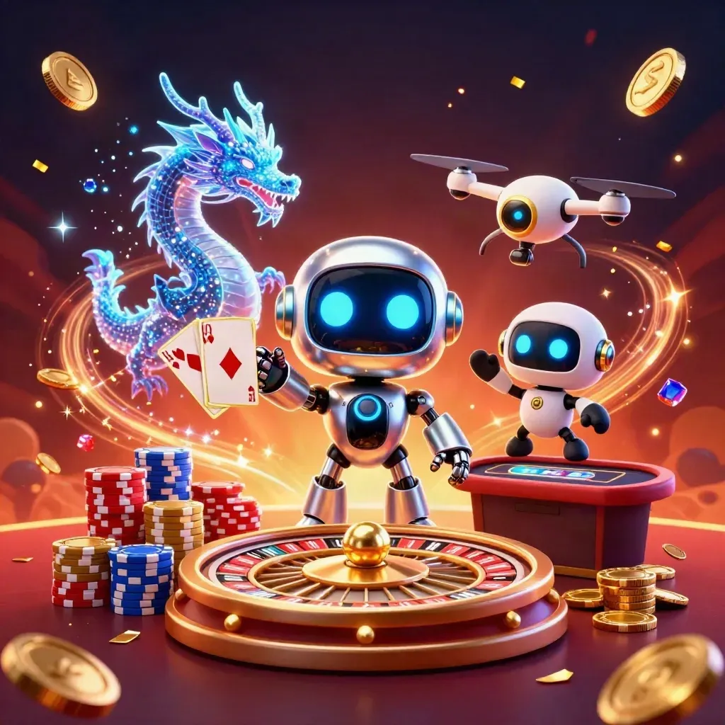 Cyberpunk robot, holographic dragon, and coin drone amid coins, chips, fireworks, and roulette glow.