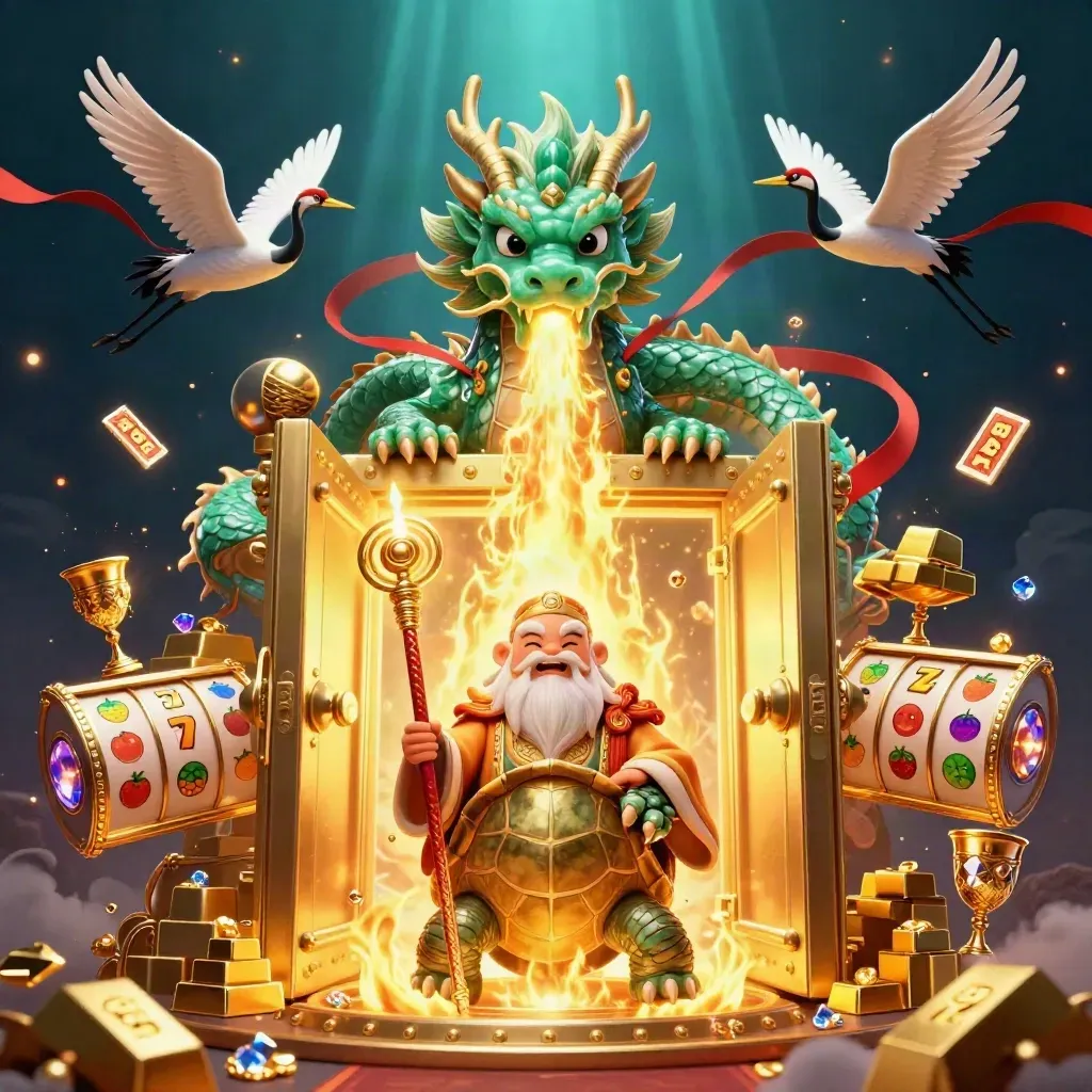 Emerald dragon, turtle sage, and cranes amid gold vault riches and casino reels.